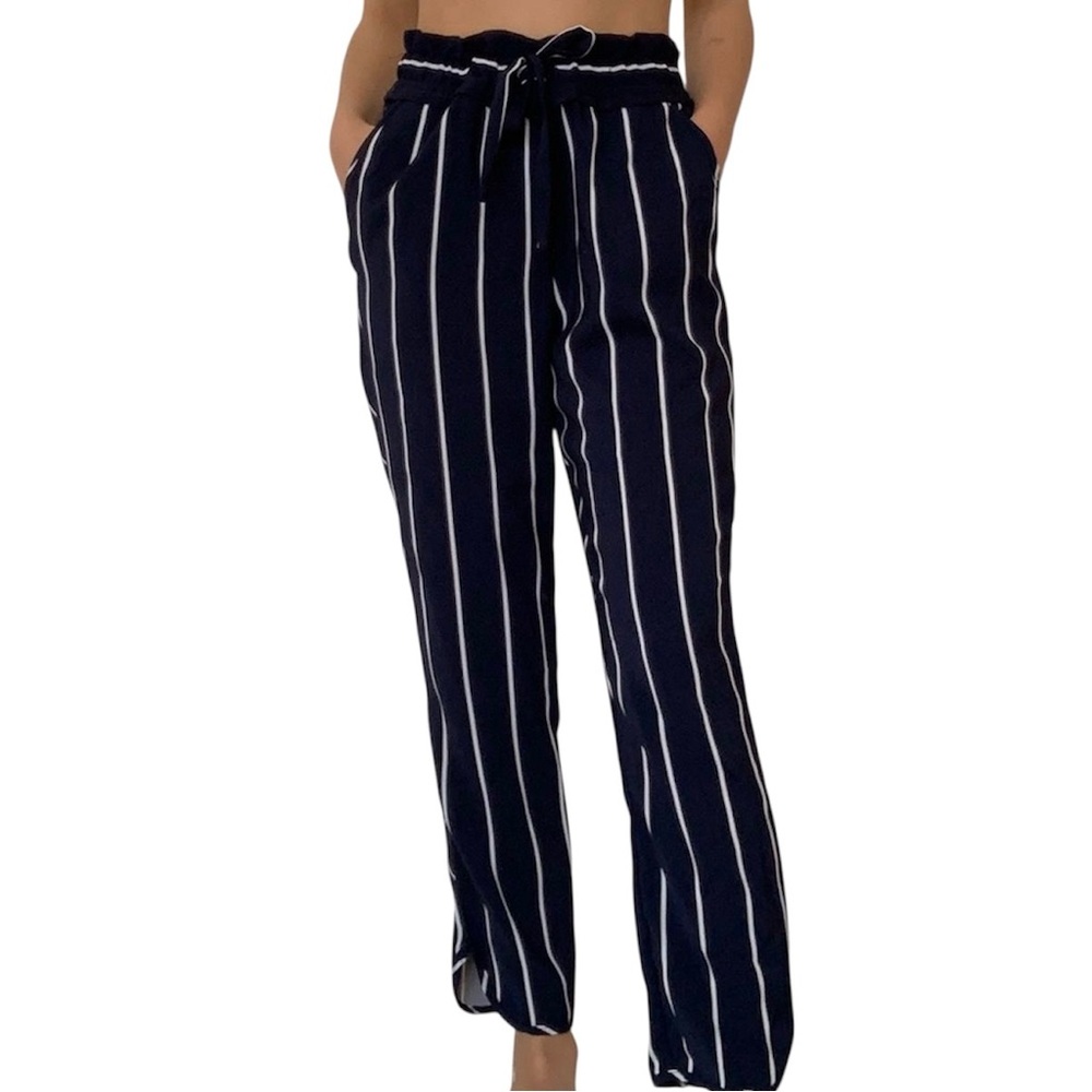 ZARA Stripped Navy Flowy Pants Size M